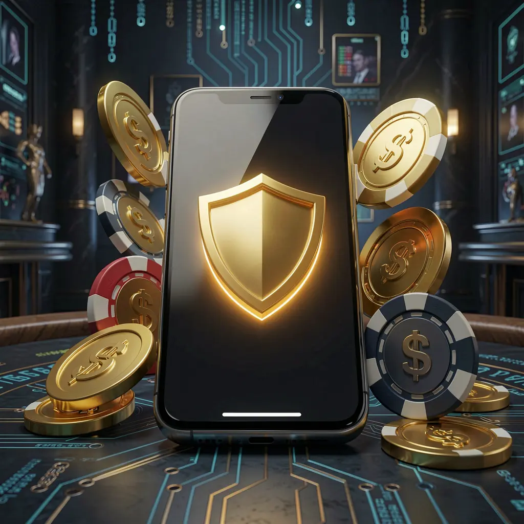 Realistic 3D render of a smartphone displaying a glowing shield icon surrounded by golden coins and chips on a dark luxury cyber background, representing the secure mobile casino app by 333 M