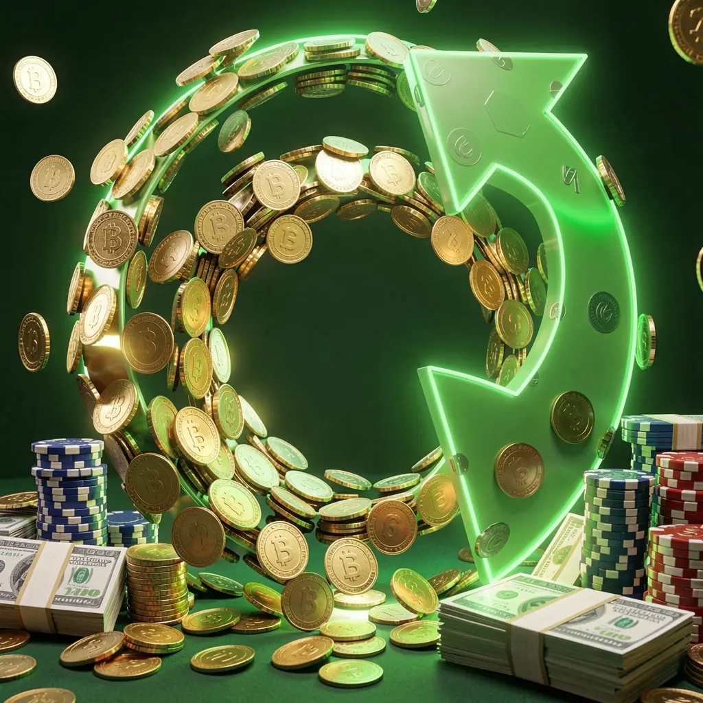 Realistic 3D render of a cashback casino bonus scene featuring coins moving in a circular arrow, stacks of chips, and cash bundles with green and gold glow, showcasing the 333 M brand