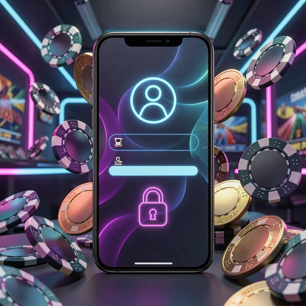 333 M mobile gaming login page concept on a smartphone showing an abstract login interface with user and lock icons, surrounded by casino chips and coins under luxury neon lighting