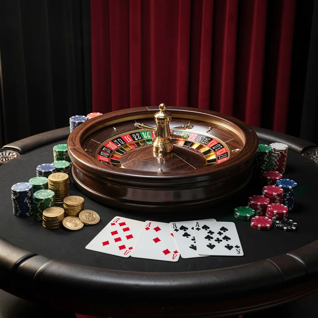 Elegant gaming table featuring roulette, blackjack cards, poker chips, and coins with luxury cinematic lighting on a black and red background representing 333 M online casino platform in the Philippines
